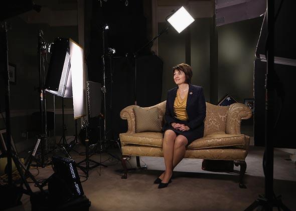 Cathy McMorris Rodgers sits on a couch as she prepares her State of the Union response.