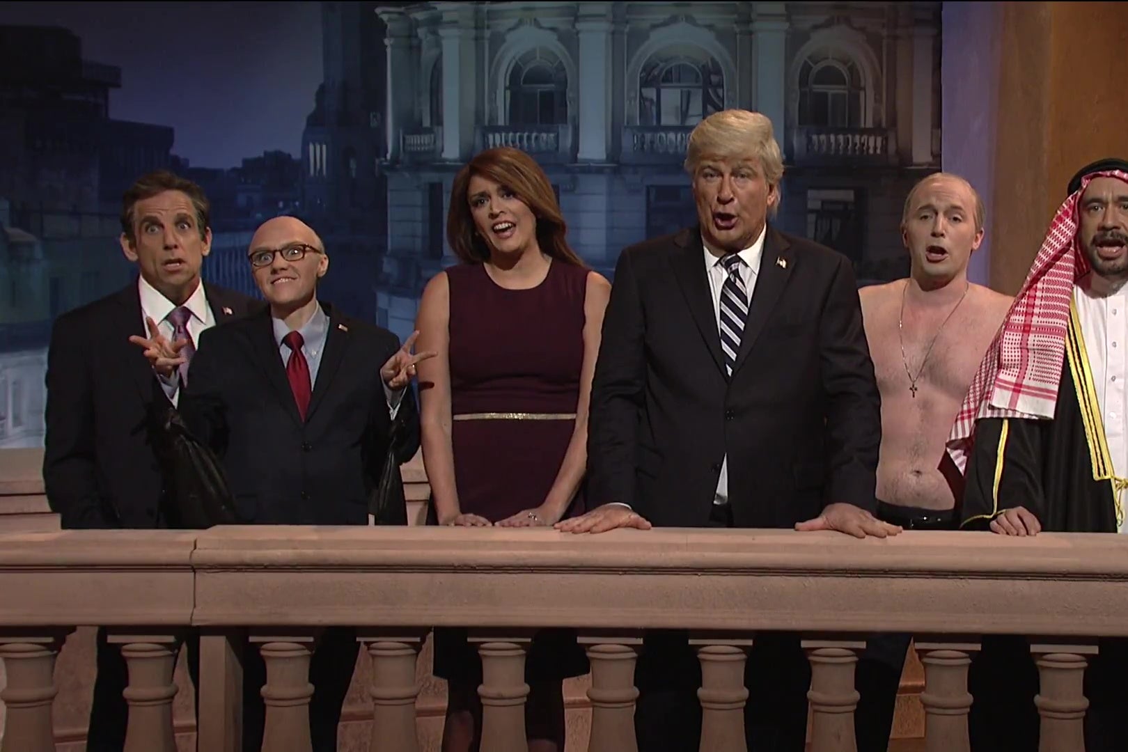 Ben Stiller, Kate McKinnon, Cecily Strong, Alec Baldwin, Beck Bennett, and Fred Armisen dressed up as various Trump administration figures.