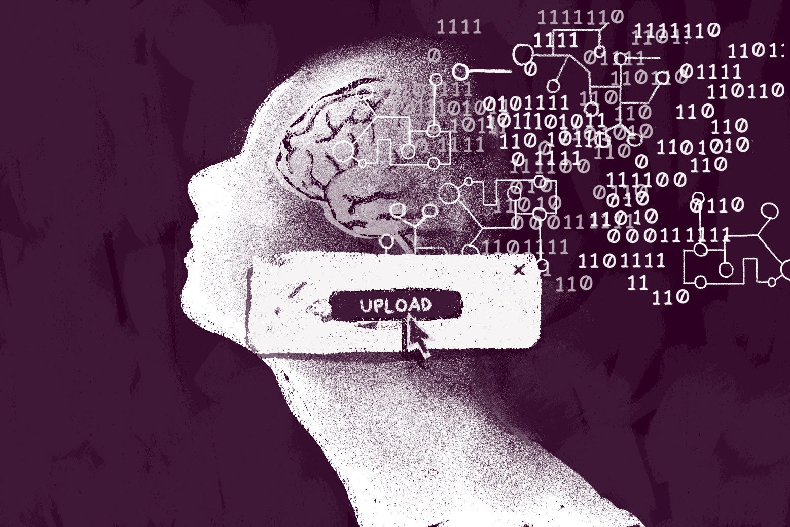 Illustration of a brain being uploaded to digital numbers.