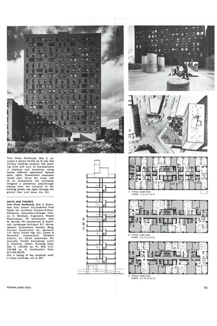 A black and white page including renderings, floor plans, and photos of the site