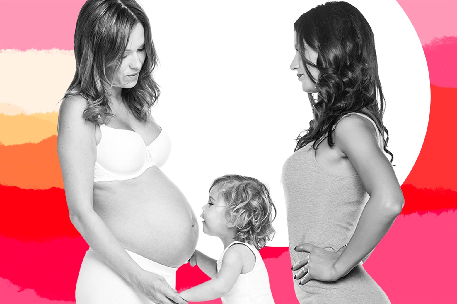 A pregnant woman with a toddler and another woman stand together.