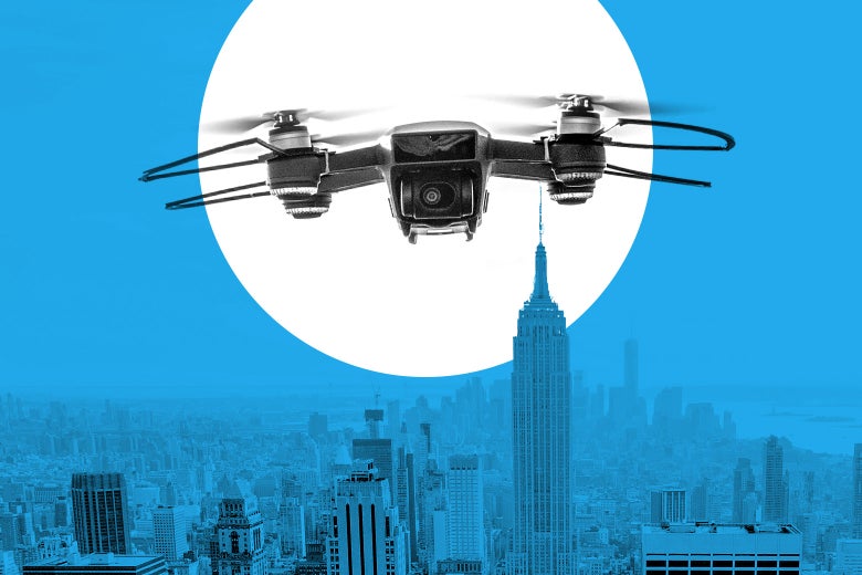 A drone flies over NYC.