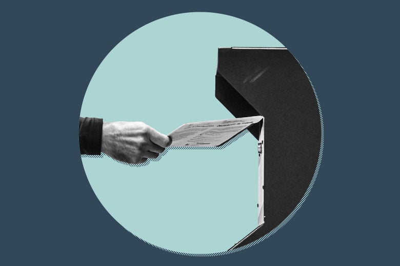 A hand deposits a ballot in a box. A circle surrounds the scene.