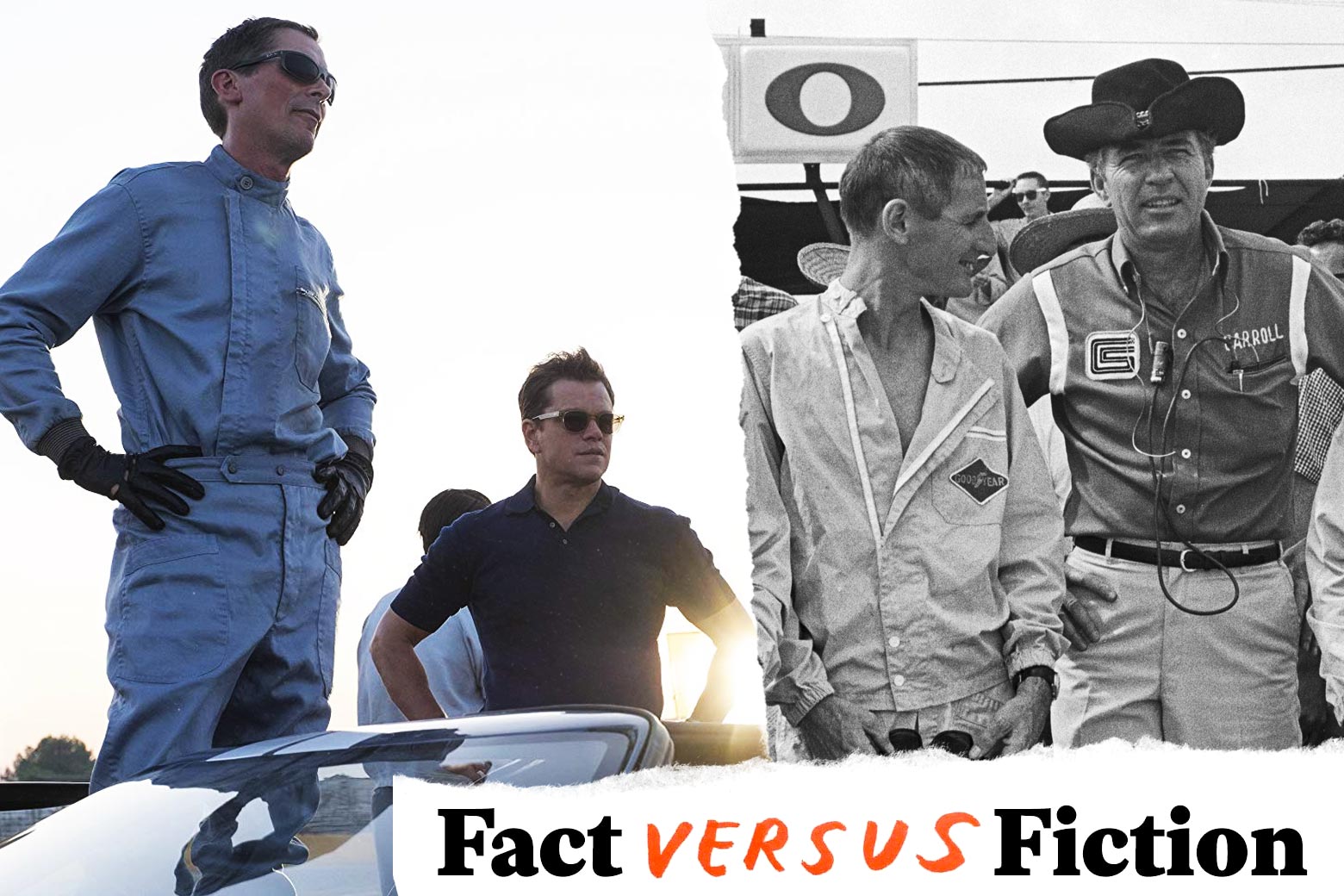 Christian Bale and Matt Damon in Ford v Ferrari and Ken Miles with Carroll Shelby.