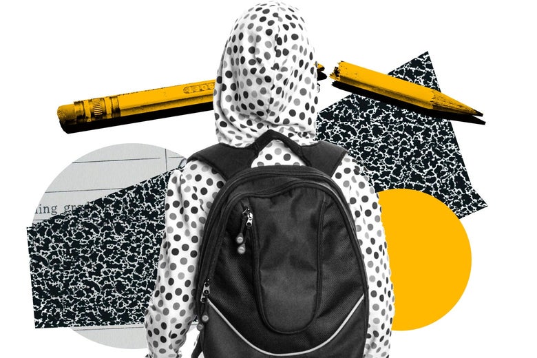 Collage of a broken pencil and a kid wearing a hoodie and backpack