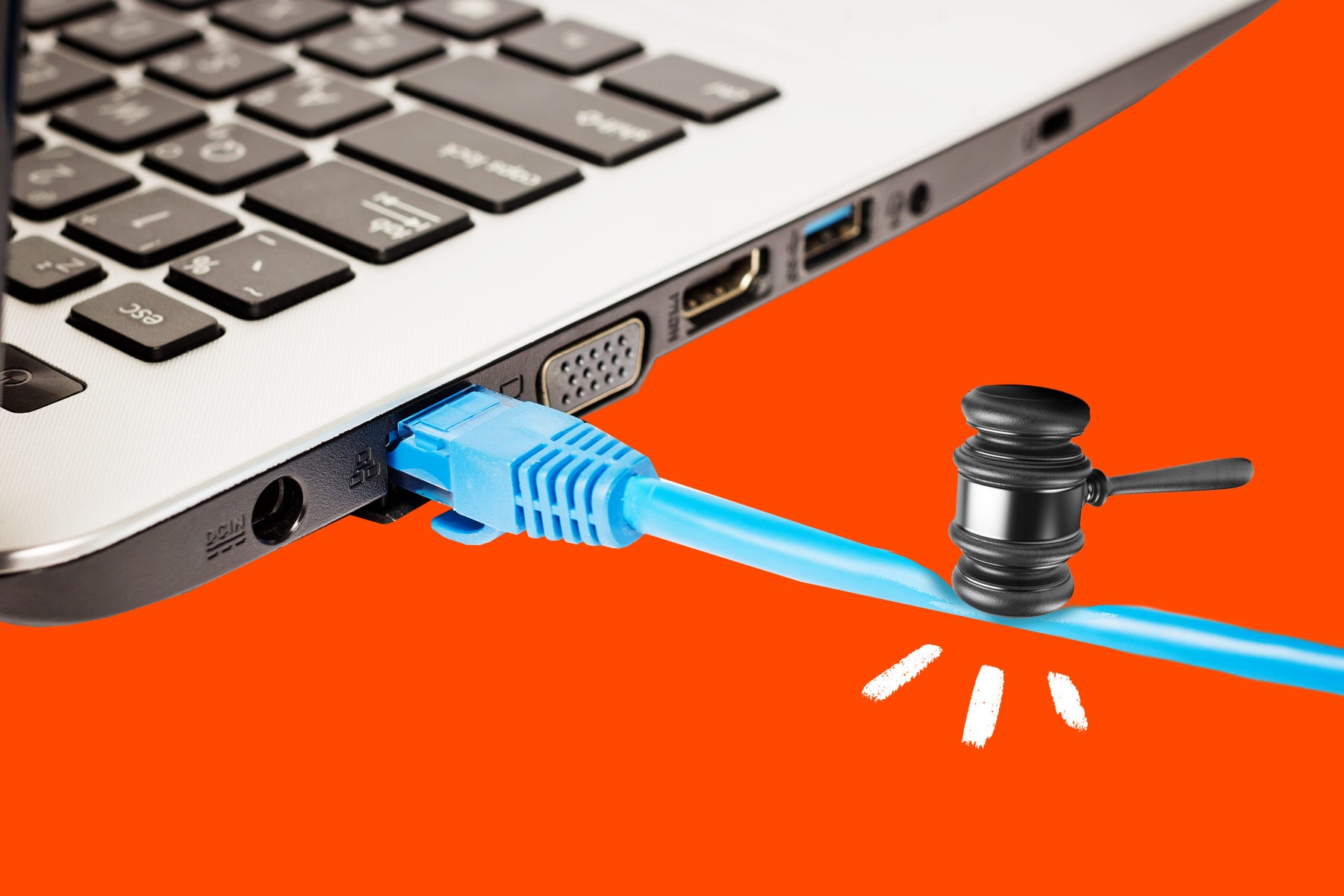 Photo illustration of a gavel coming down on an ethernet cable attached to a Mac laptop.