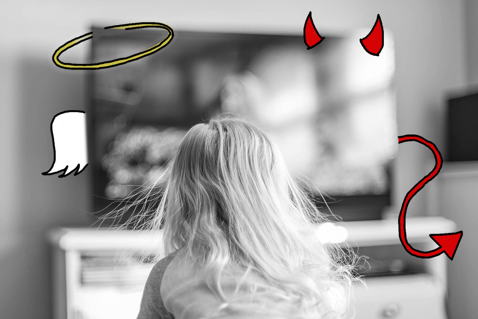 A child is seen from behind watching TV; the TV has illustrated angel wings and a halo on one side and devil horns and a tail on the other. 