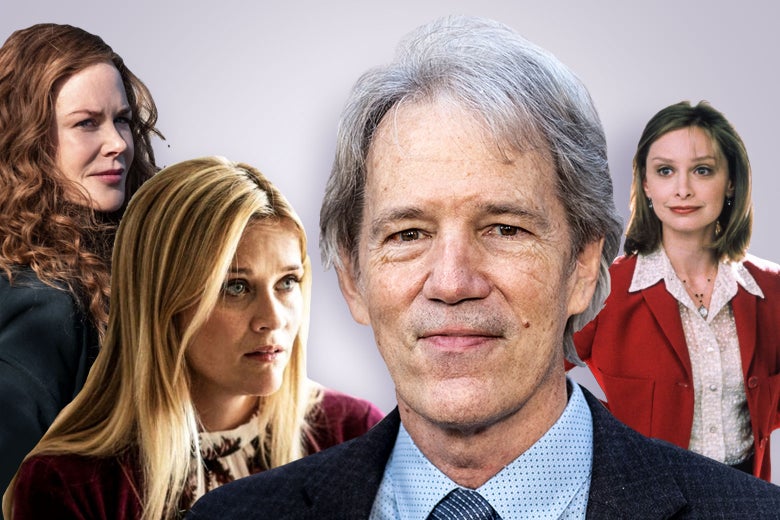 A photo showing David E. Kelly, his hair long and white, in the center, while around him are Nicole Kidman, Reese Witherspoon, and Ally McBeal in his many shows