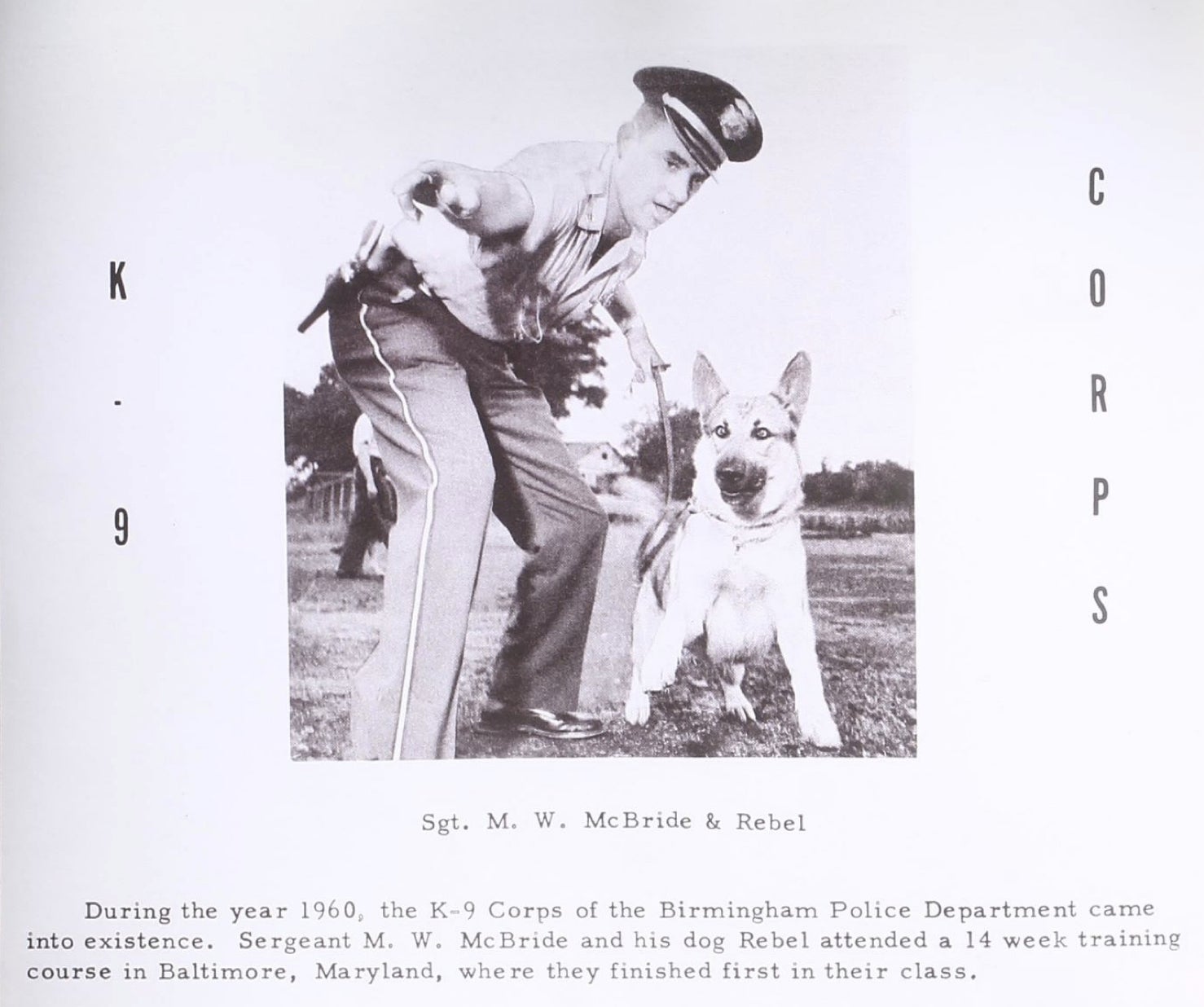 An archival photo of Sgt.  M.W. McBride with police dog Rebel, a German shepherd.