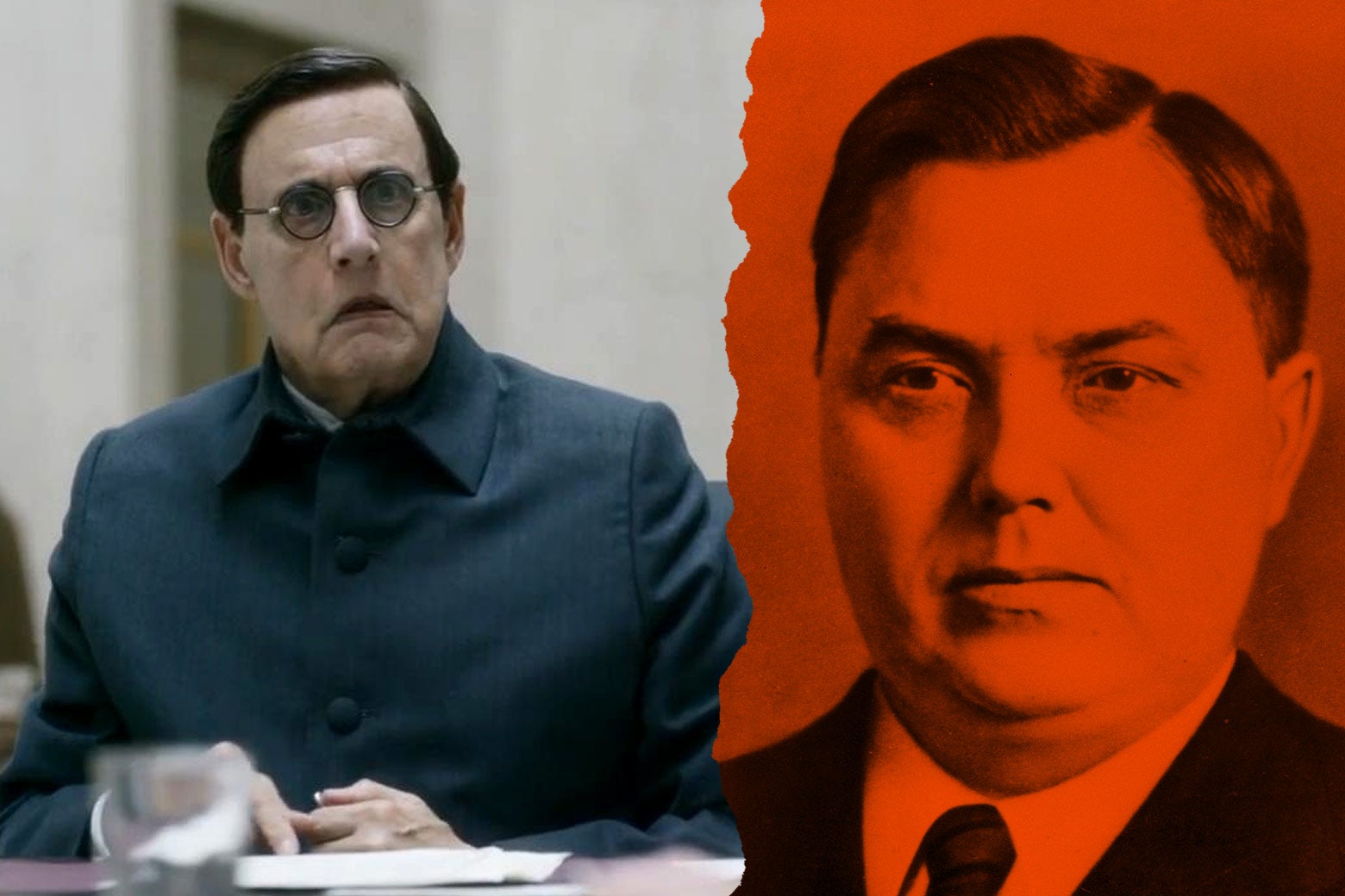 At left: Jeffrey Tambor as Georgy Malenkov in the film. At right: the real Georgy Malenkov.