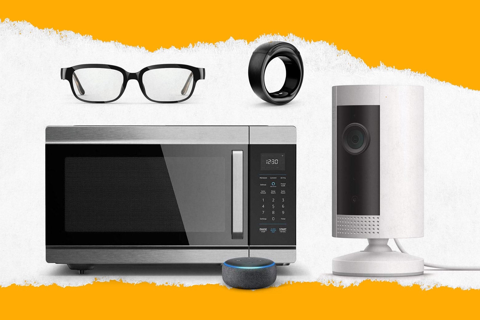 Collection of Amazon smart products: Frames, Smart Oven, Echo, Stick Up Camera, Loop