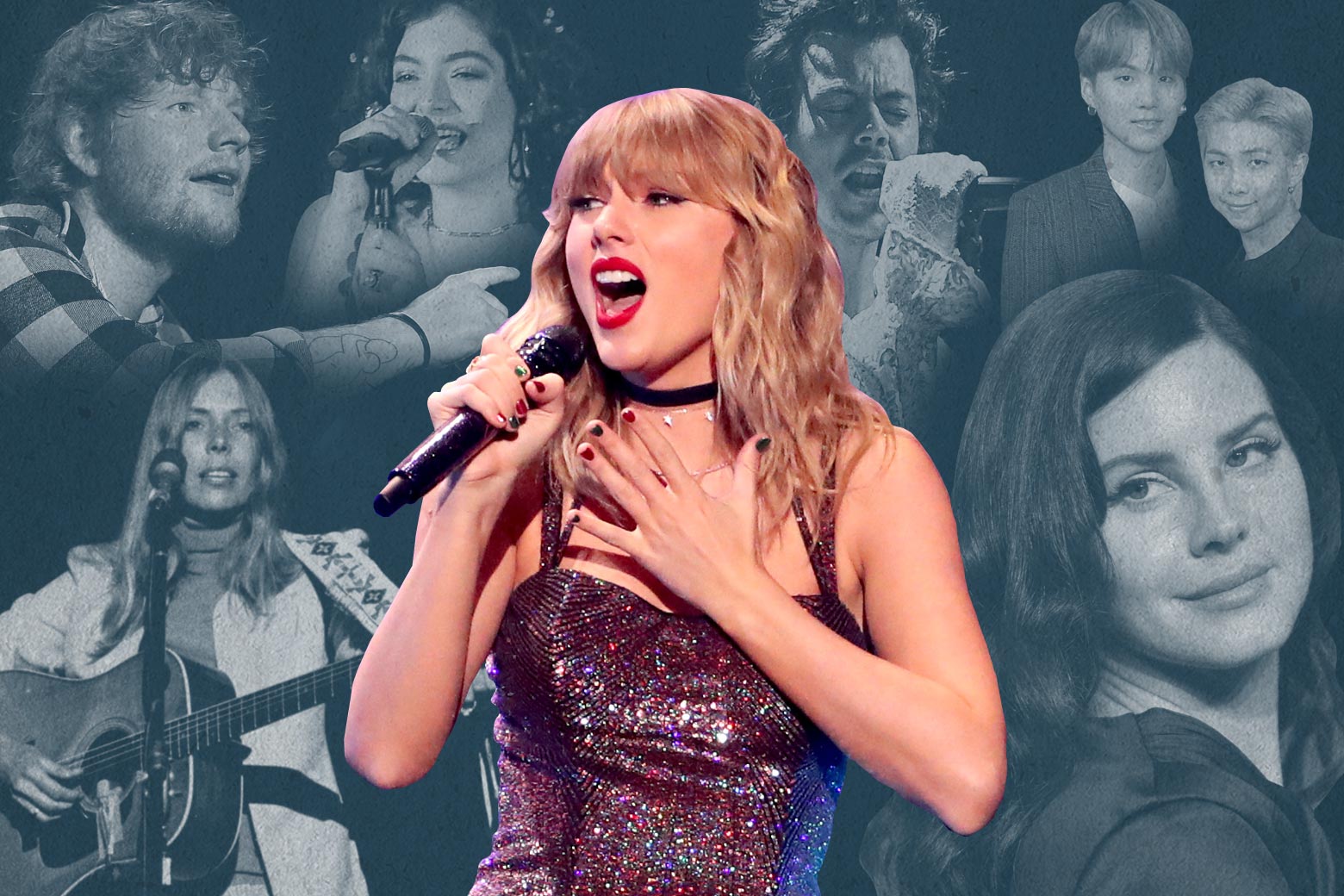 Cutout of Taylor Swift singing into a microphone, surrounded by a collage that includes Ed Sheeran, Lorde, Harry Styles, BTS's RM and Suga, Lana Del Rey, and Joni Mitchell. 