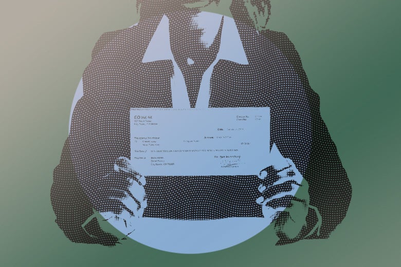 Woman holding a paycheck, wearing a suit. 