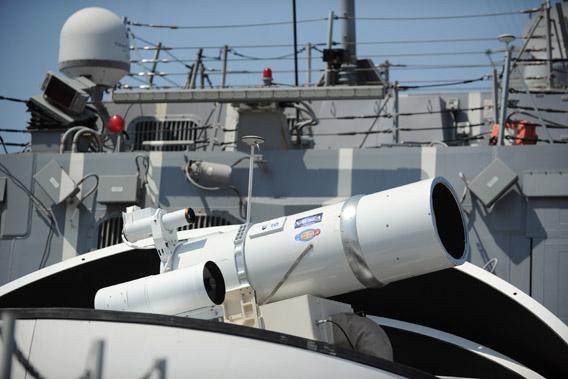 The Laser Weapon System (LaWS) temporarily installed aboard the guided-missile destroyer USS Dewey.