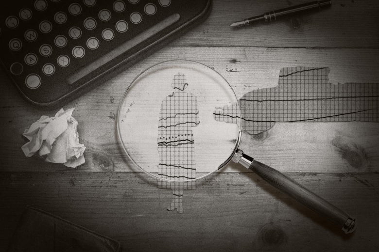 Magnifying glass hovering over an inflation chart in the silhouetted shape of a person on a wooden desk with a typewriter, pens, and a crumpled paper