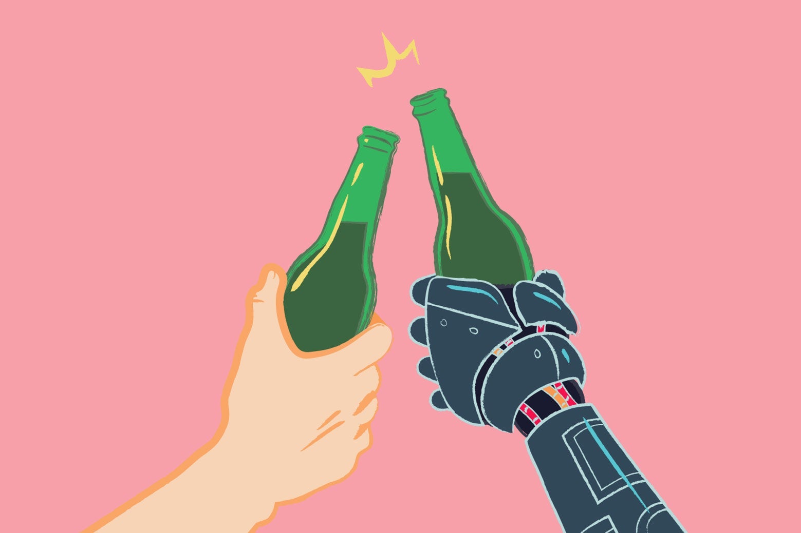 A human hand and a robot hand toasting with bottled beers.