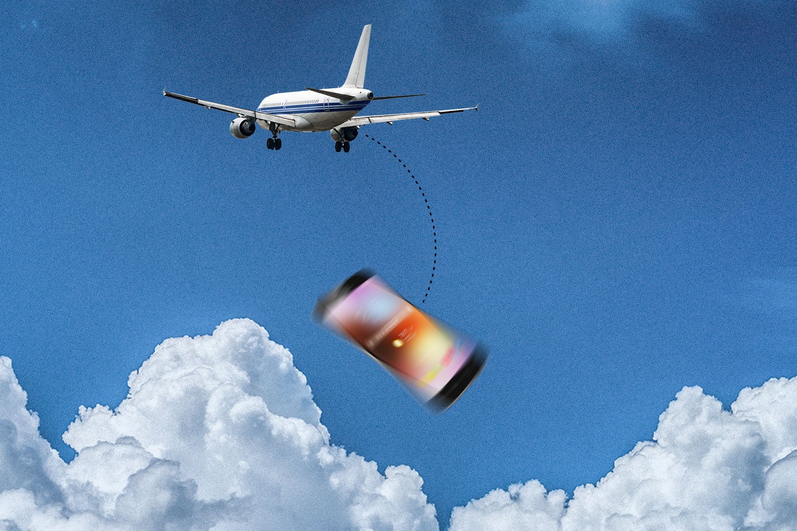 An iPhone falls out of a commercial plane midflight, through the clouds.