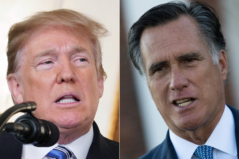 Side-by-side photos of Donald Trump and Mitt Romney.