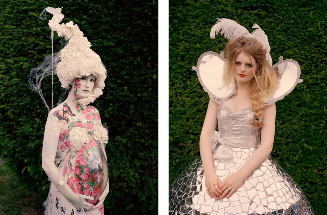Left: Kerry Youngs at Art Couture Painswick dressed as Mother Earth. Right: Sophie Withers in a silver dress covered in mirrored mosaic.