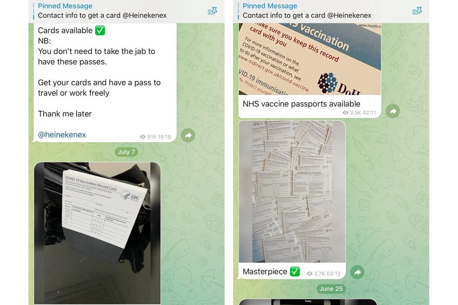 Posts advertising fraudulent vaccine cards in a chat app.