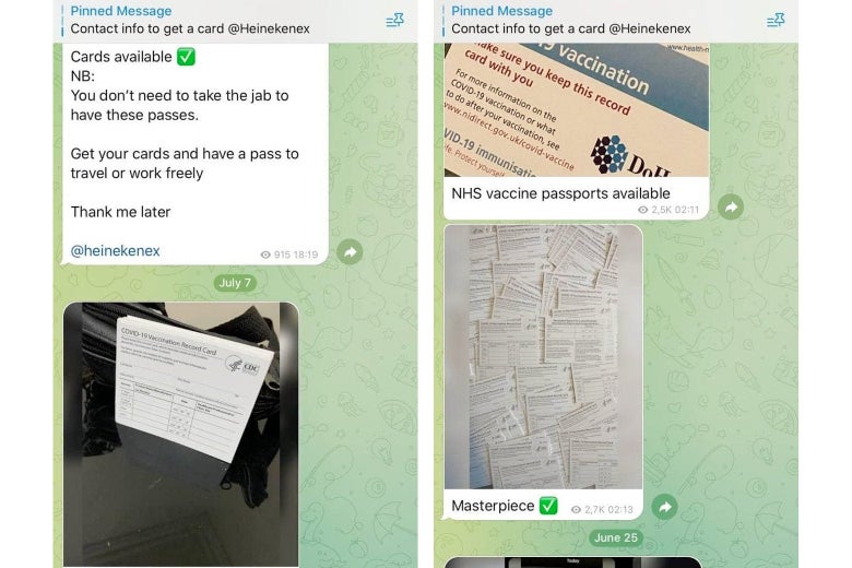 fake vaccine cards are popping up on the messaging app telegram