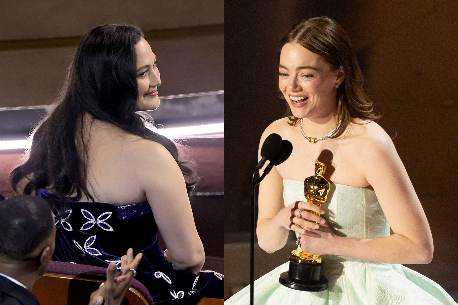 Emma Stone accepting the Oscar for best actress in 2024 for Poor Things and Lily Gladstone in the audience.