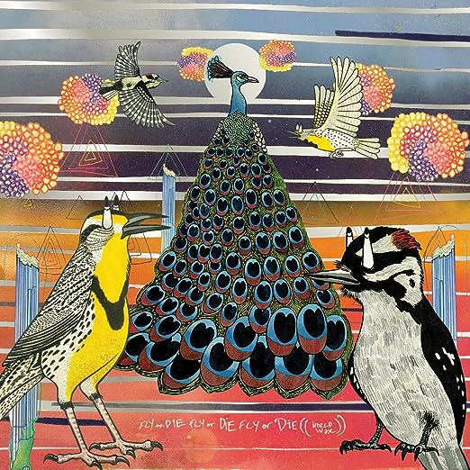The cover of Fly or Die Fly or Die Fly or Die features a peacock and a number of other colorful birds.