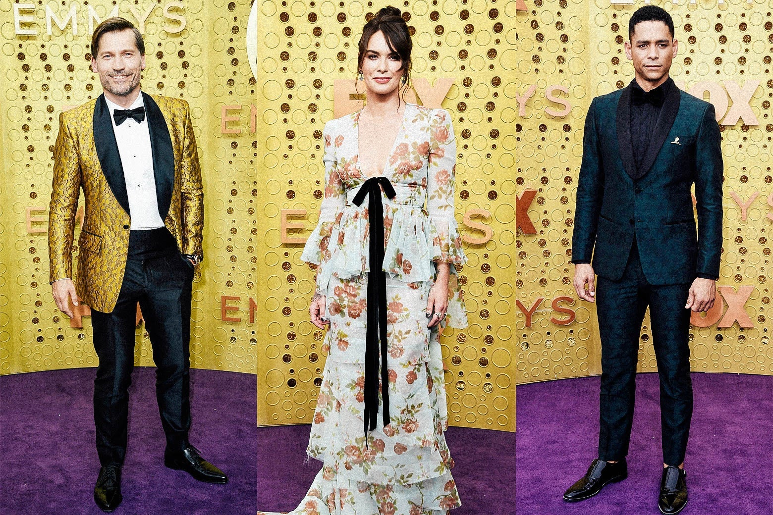 Nikolaj Coster-Waldau; Lena Headey; Charlie Barnett on the Emmys purple carpet.