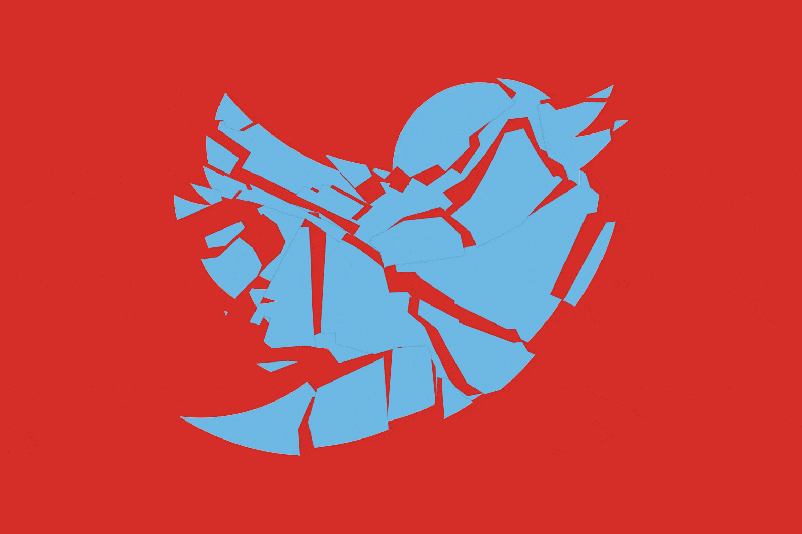 Twitter bird logo cracked into many pieces with squares of blue taking over squares of red