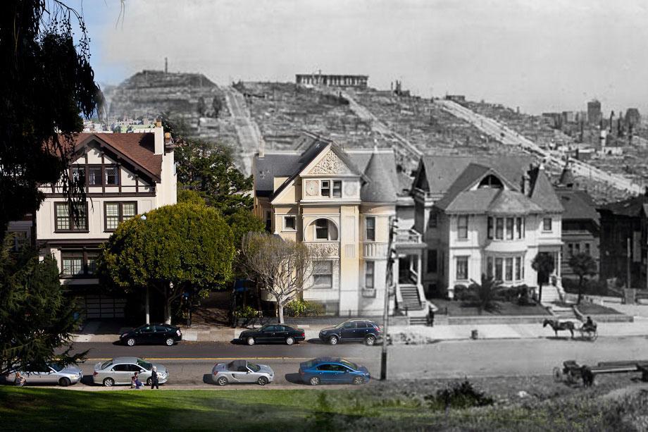 Horse carriages and cars park in front of Lafayette Park while a destroyed city looms in the background.