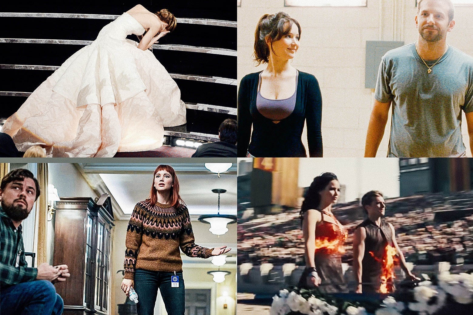 Jennifer Lawrence at the 2013 Oscars, in Silver Linings Playbook, in Don't Look Up, and in The Hunger Games.