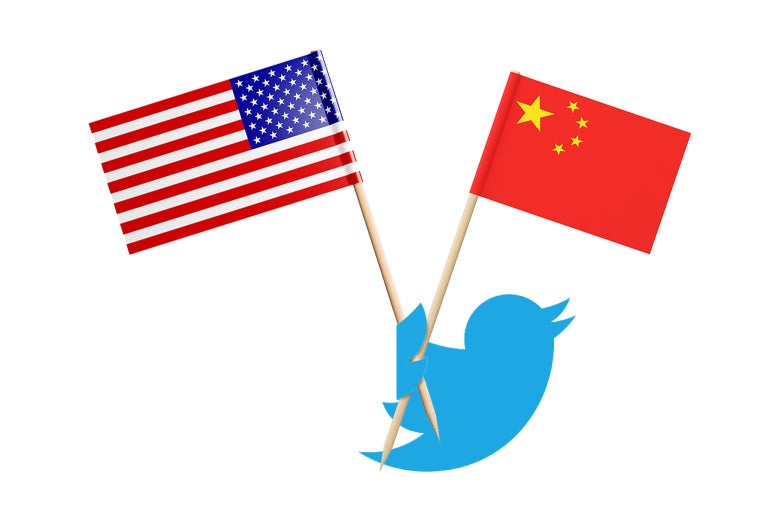 The blue Twitter bird holds up an American flag and a Chinese flag.