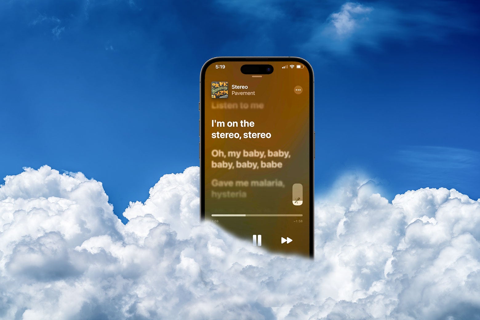 An iPhone in a celestial bank of clouds displays the karaoke lyrics to Pavement's song "Stereo."