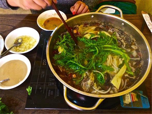 Hot pot with Tahini and garlic dipping sauce in Maadi.