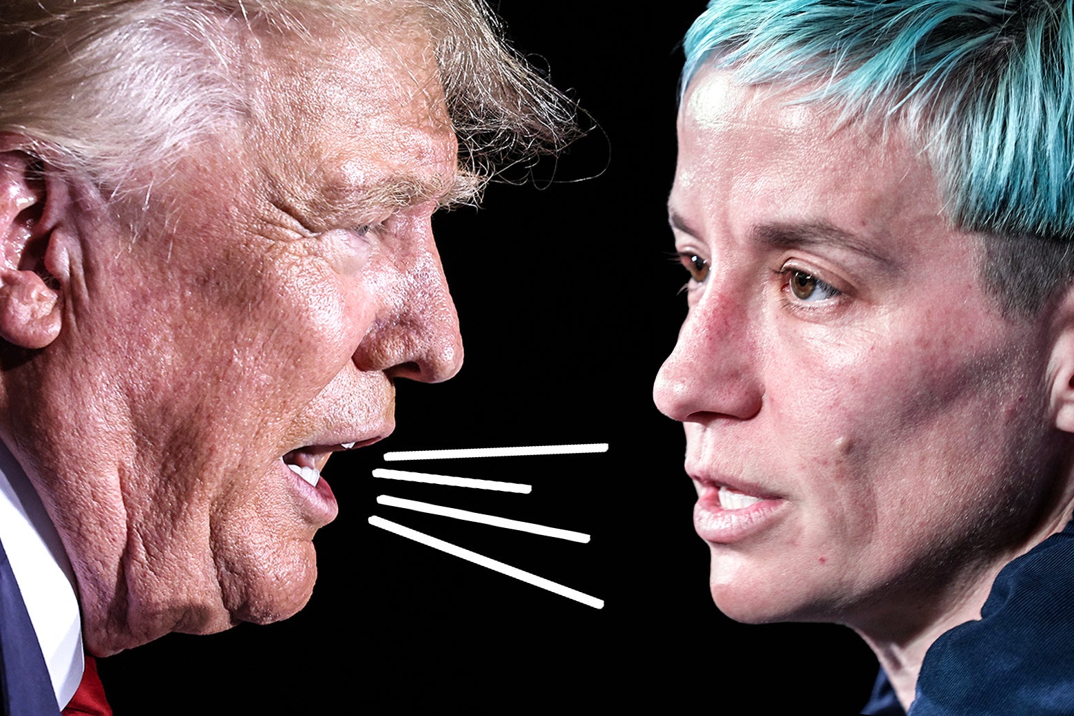 Donald Trump from the side profile barks and yells at Megan Rapinoe of the U.S. Women's National Team with white lines coming out of his mouth. 