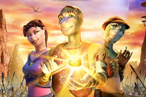 A winged fairy creature stands smiling next to two lizard-like creatures, one of whom is levitating a stone