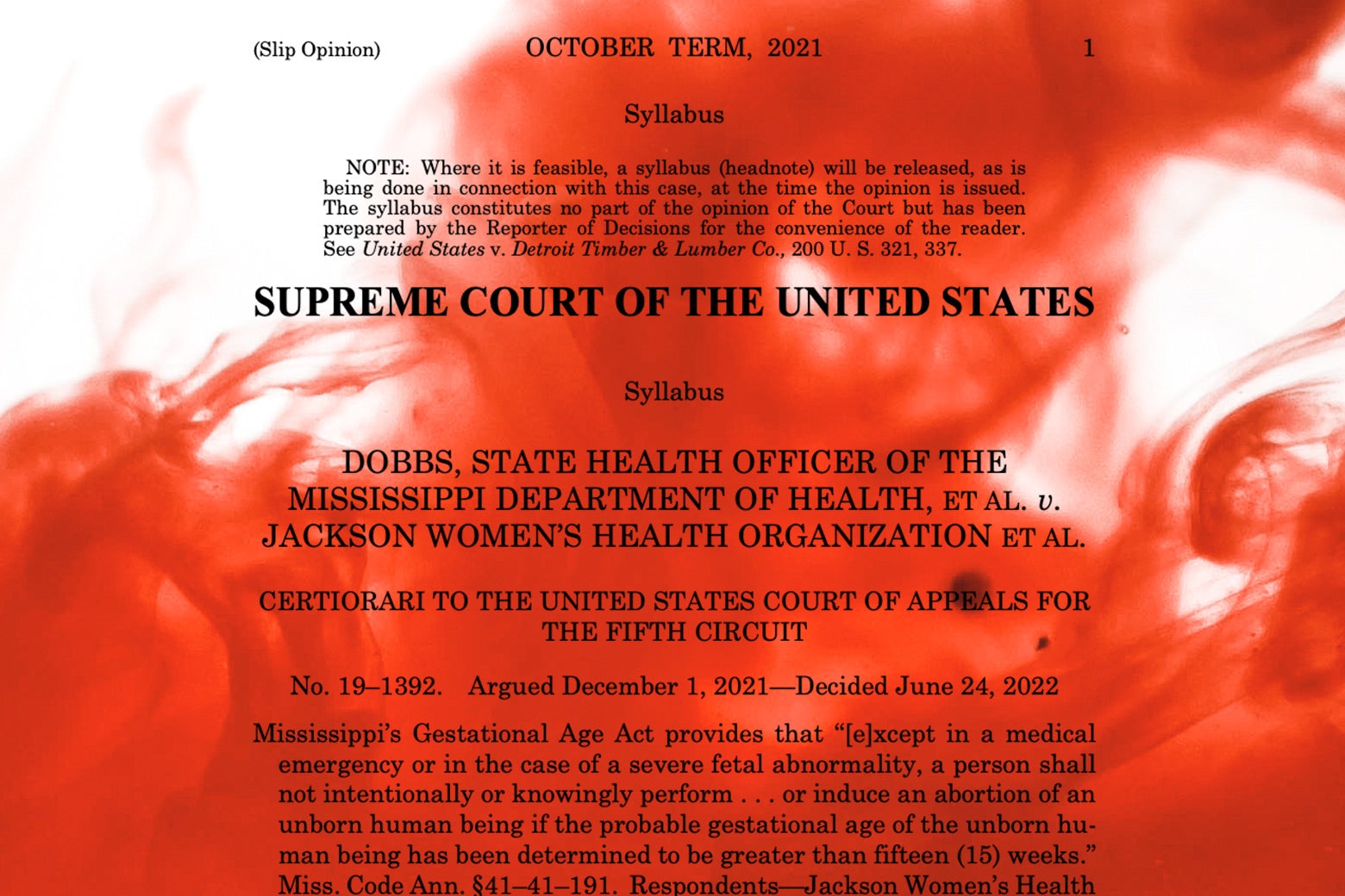 Page 1 of the Dobbs decision with a bloody overlay