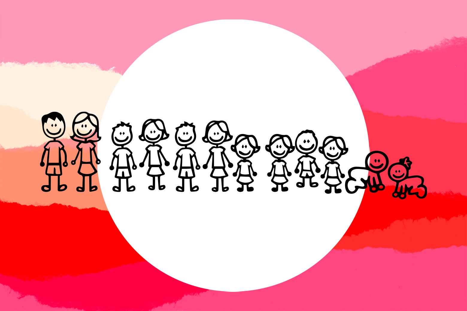 An illustration of a mother and father with 10 kids.