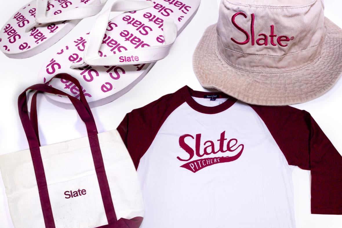 collage of 4 pieces of Slate logo swag: flip flops, bucket hat, tote bag, baseball t-shirt