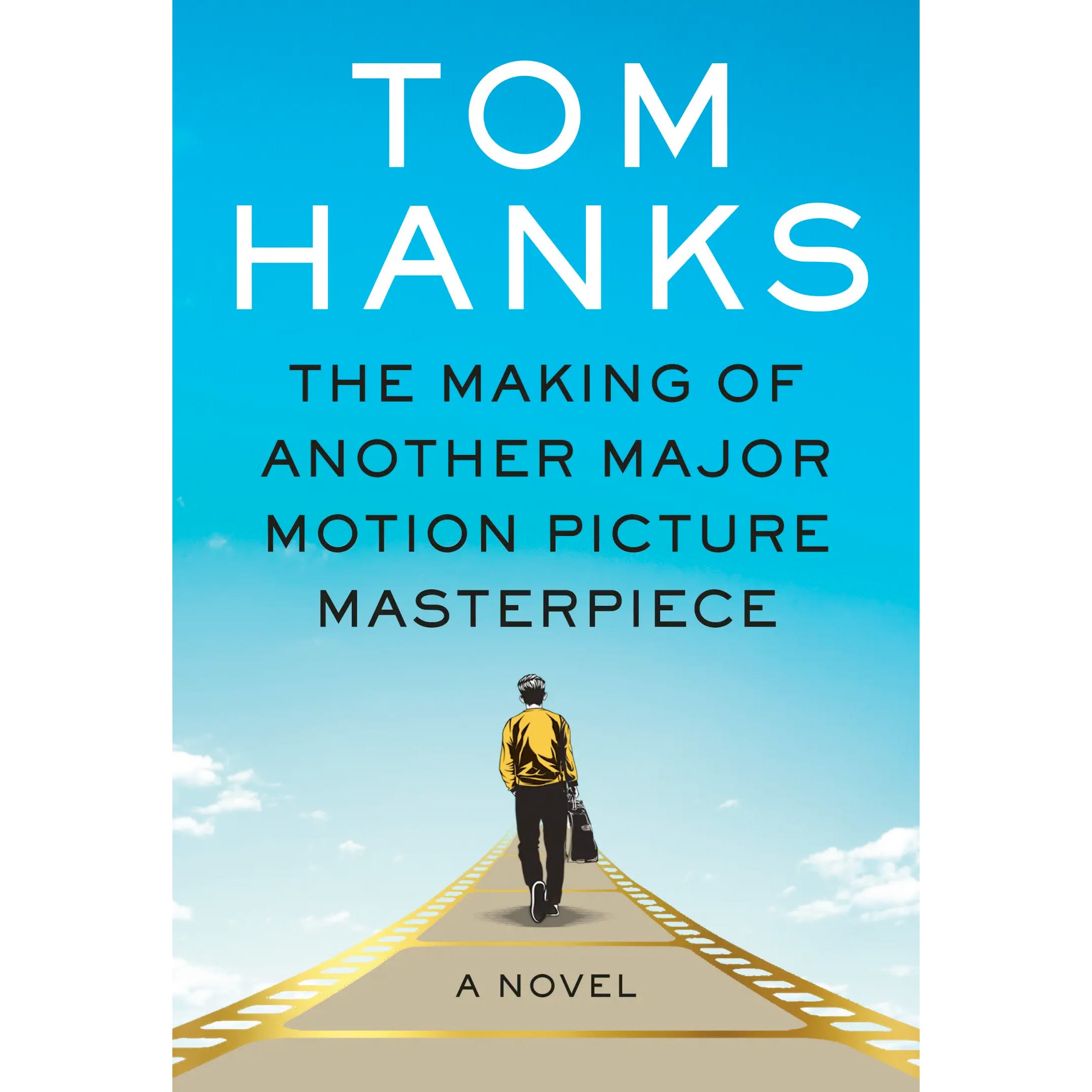 The cover of Tom Hanks' book shows a man walking away on a path made of film into blue sky.