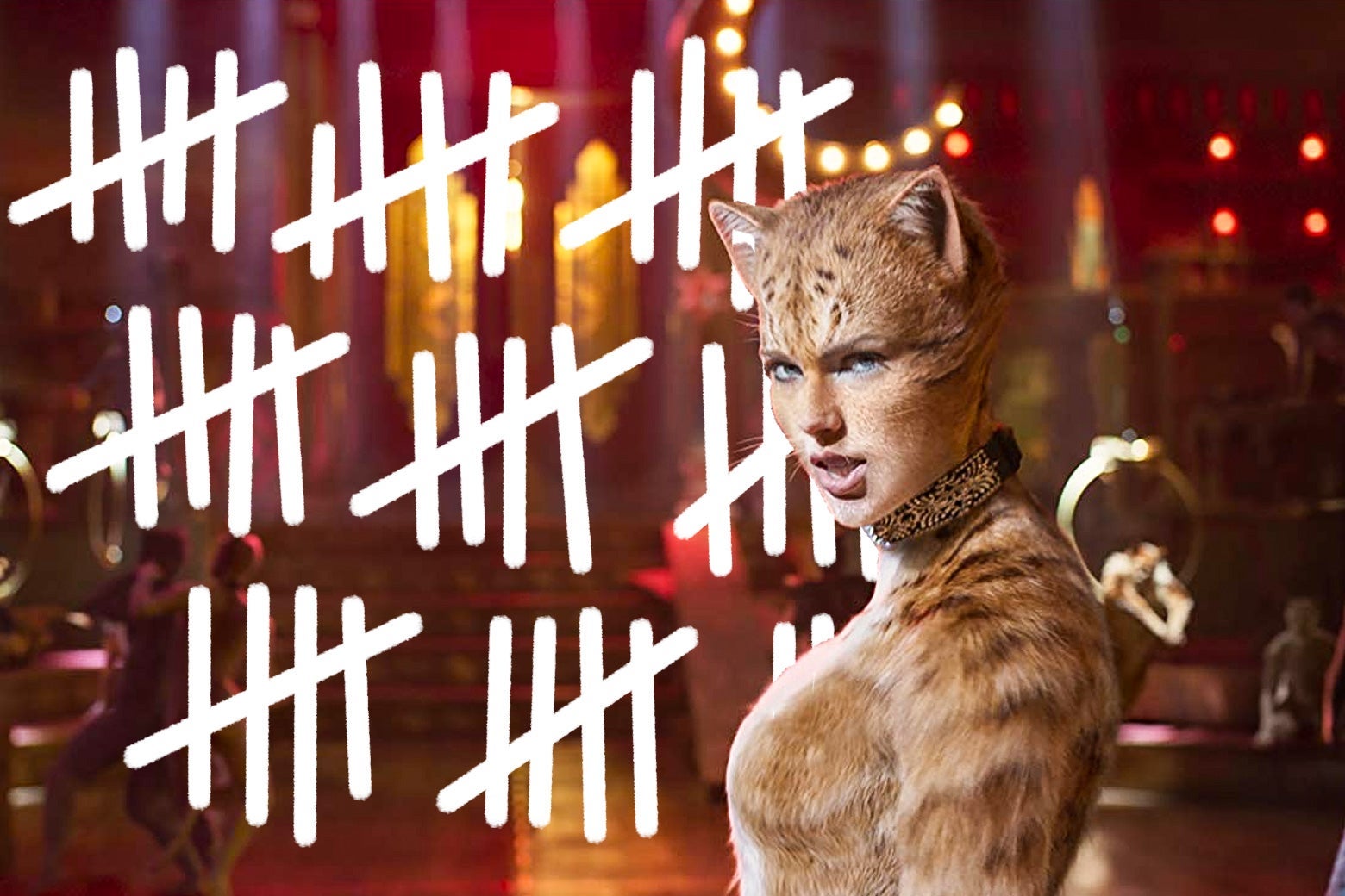 Taylor Swift as Bombalurina with fur, pointed ears, and a collar. Several dozen white tally marks fill the frame.