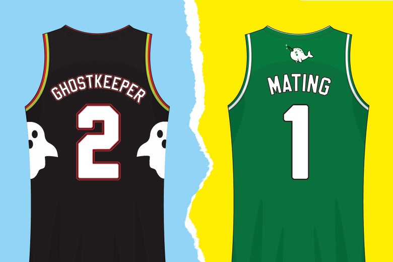 Two basketball jerseys depicting fictional players Jimbob Ghostkeeper and Dr. Narwahls Mating.