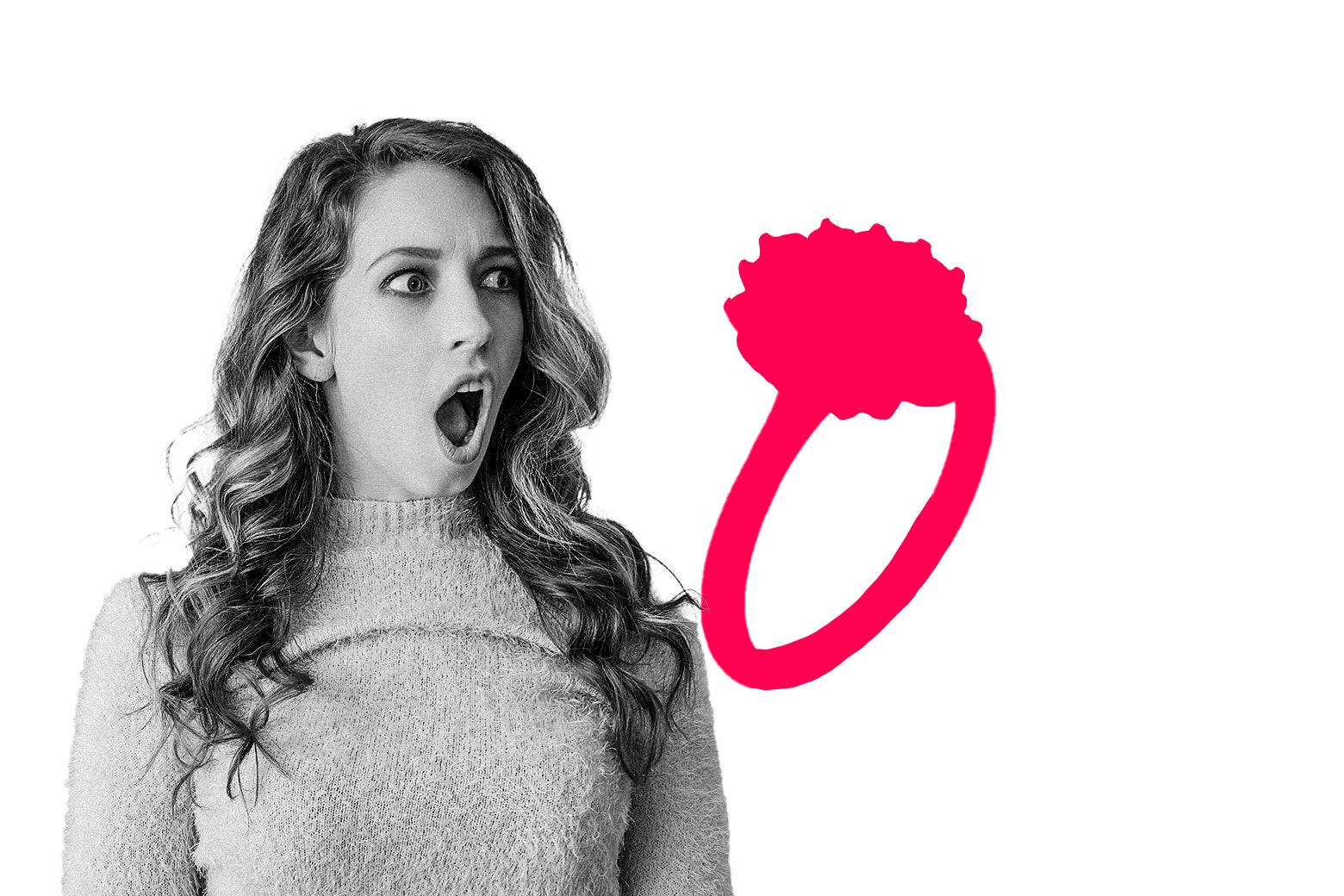 A woman looks shocked at an engagement ring.