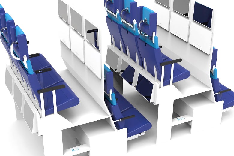 A design for a new kind of double-decker airline seat, with a top row piled atop a bottom row of seats.
