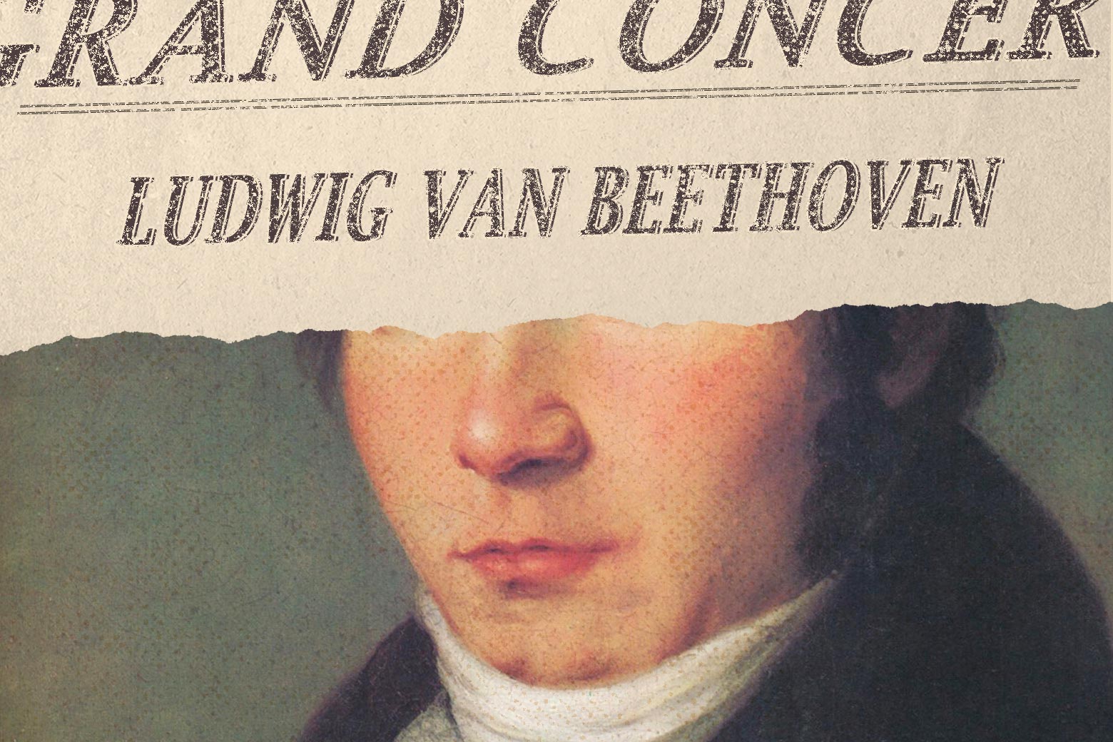 A portion of a program for a Ludwig van Beethoven is seen imposed over the top half of his face.