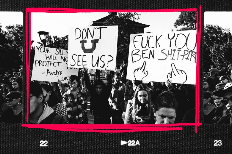 A contact sheet showing a student protest against Ben Shapiro at the University of Utah.
