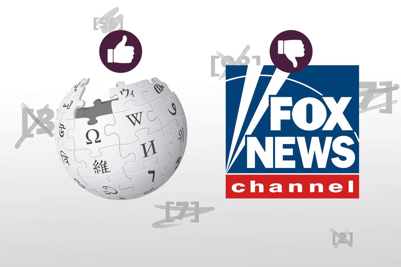 The Wikipedia logo, with a thumbs up, next to the Fox News logo, with a thumbs down.