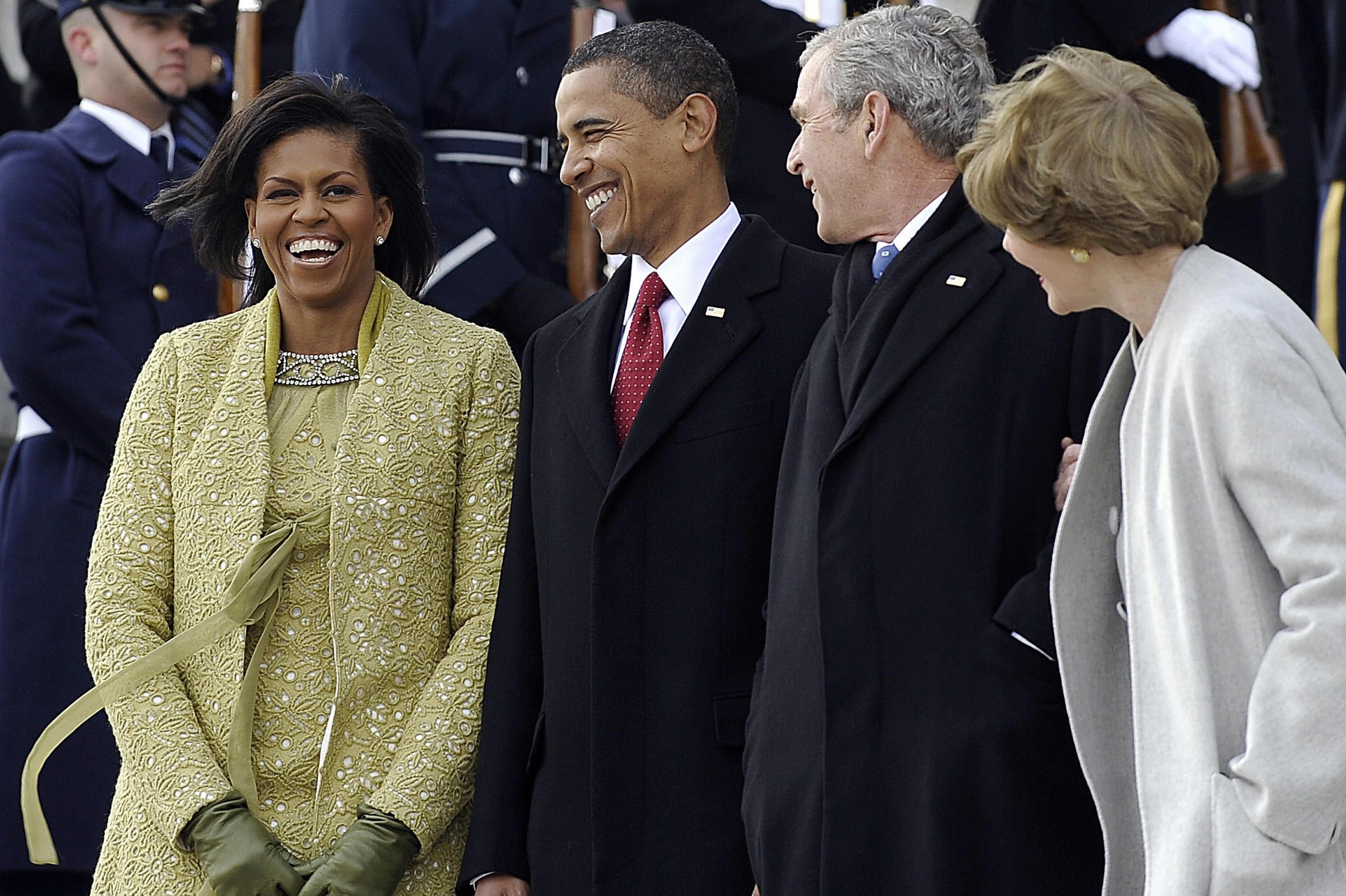 From left, Michelle Obama, President Barack Obama, President George W. Bush, and Laura Bush