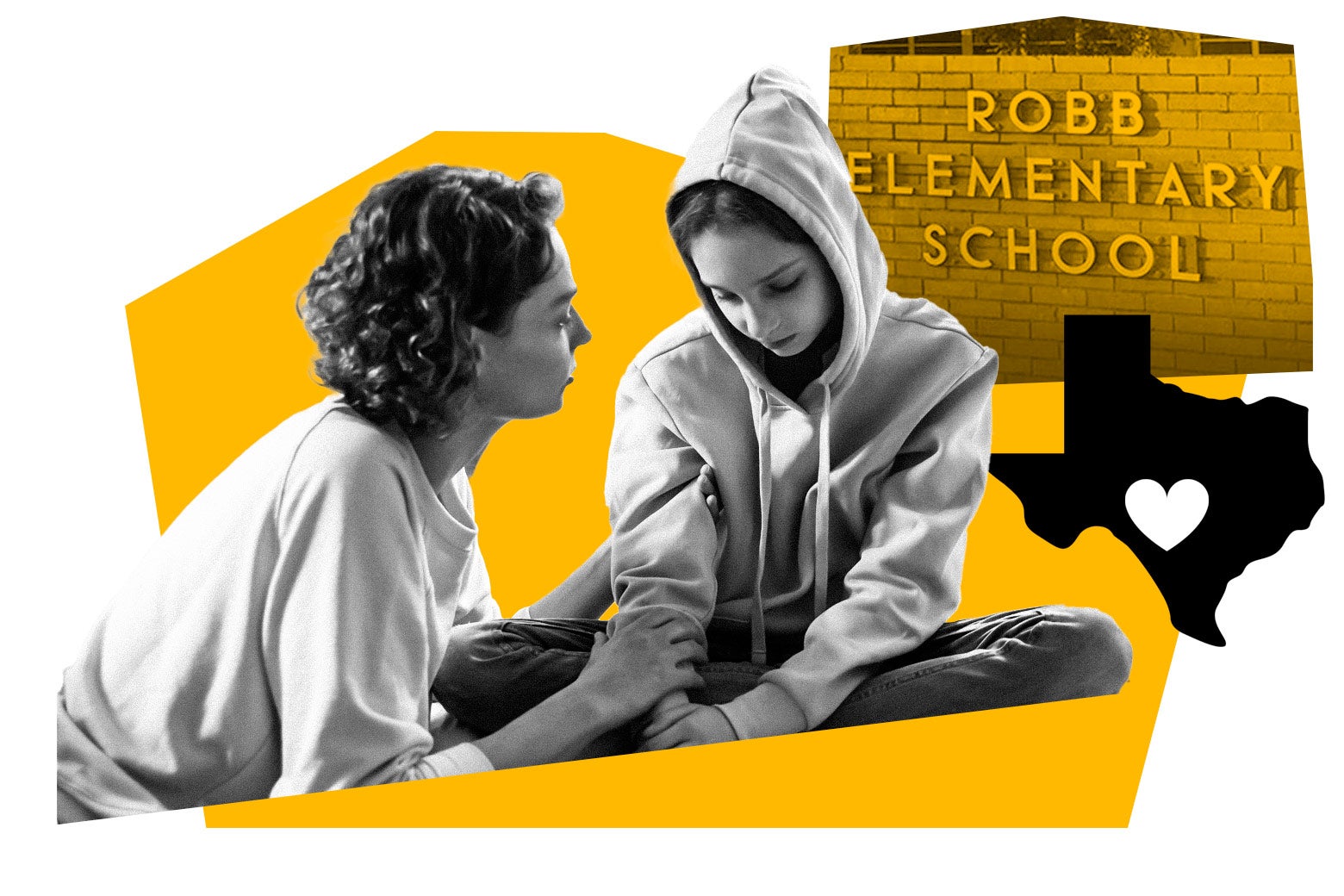 Collage of a mother consoling her child, the Robb Elementary School sign, and the shape of Texas with a heart in it