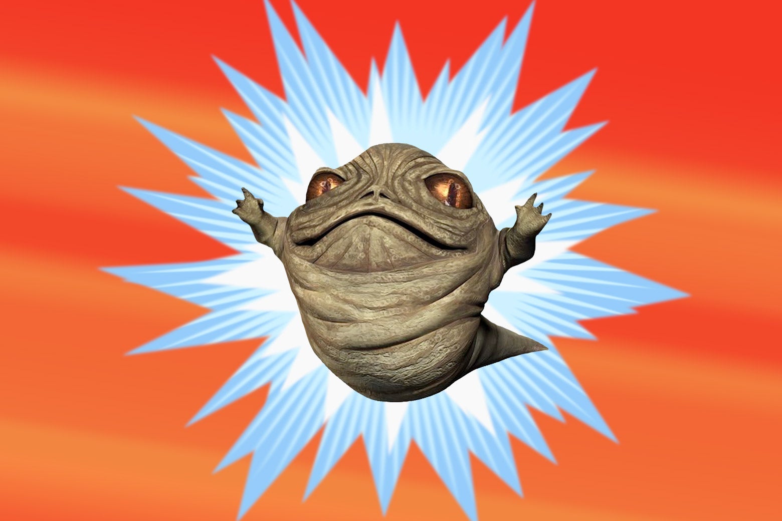 A green-ish blob monster on top of an orange/blue background.